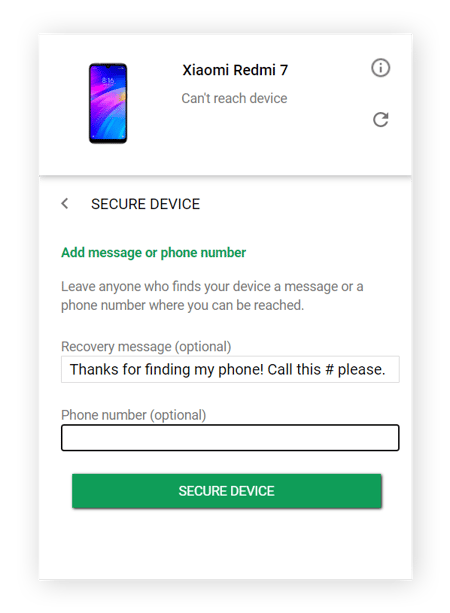 L’écran Ajouter un message ou un numéro de téléphone sous SÉCURISER L’APPAREIL dans Localiser mon appareil de Google