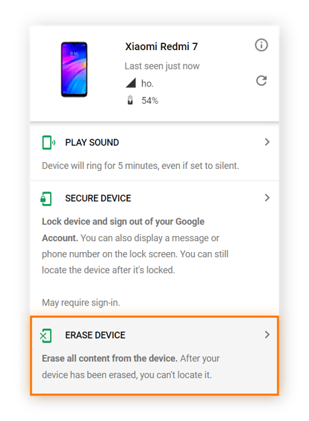  Highlighting ERASE DEVICE in Google Find My Device