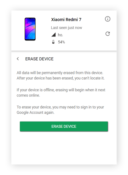 The Erase device screen under ERASE DEVICE in Google Find My Device
