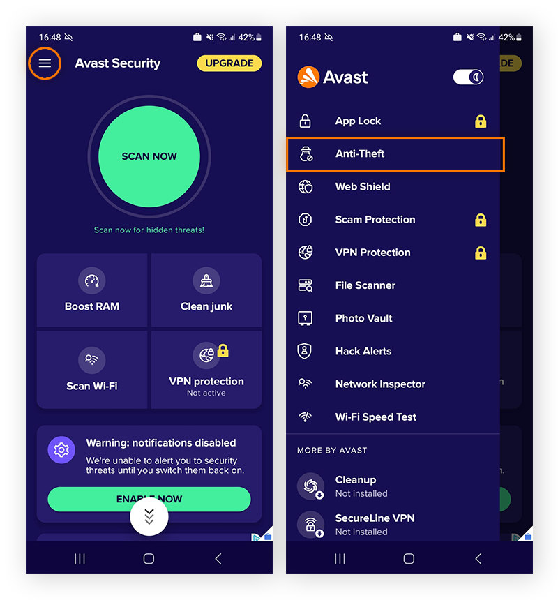 Tippen Sie in Avast Mobile Security auf „Menü > Anti-Theft“, um Sicherheitsfunktionen zur Suche nach Ihrem Smartphone einzurichten.