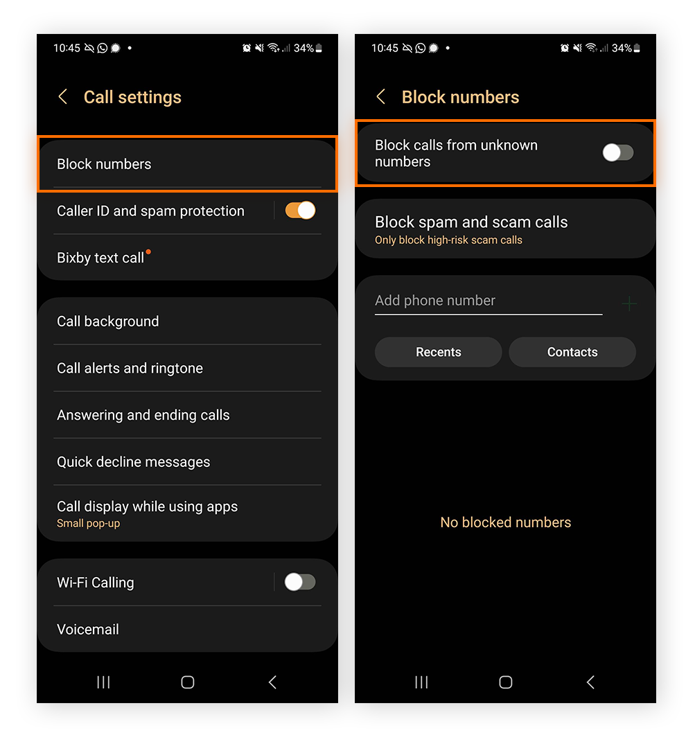 Enabling call blocking for unknown numbers in Android phone call settings.