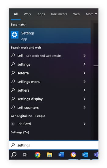 Opening Windows Settings from the Start menu.
