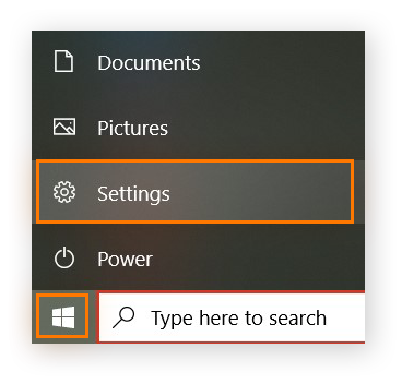 Windows start button menu with Settings highlighted.
