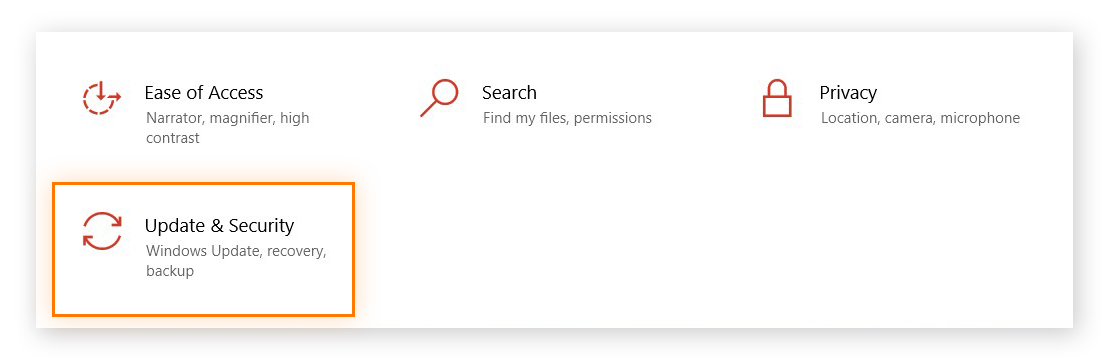Windows 10 Settings menu, Update & Security is highlighted.