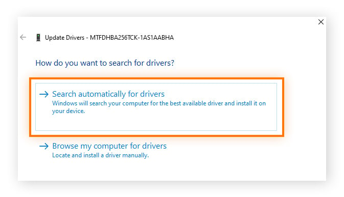 Selecting how to search for a disk drive's driver on Windows 11