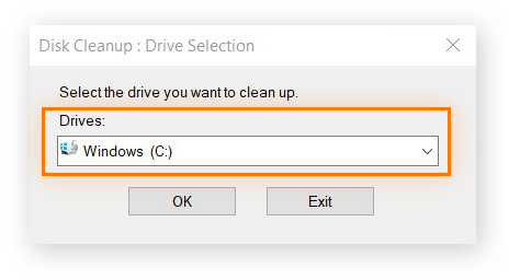 Disk Cleanup feature in WIndows 10. Windows drive selected.