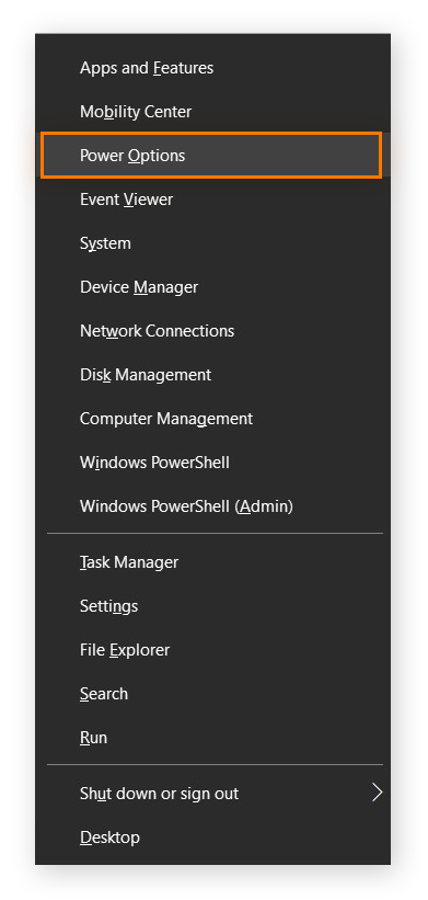 Menu contextuel sur Windows 10 avec mise en évidence des options d’alimentation.
