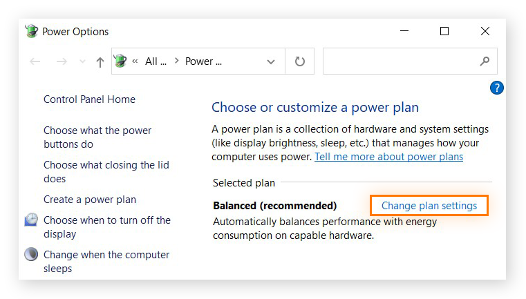 Power Option window in Windows 10 highlighting Change plan settings.
