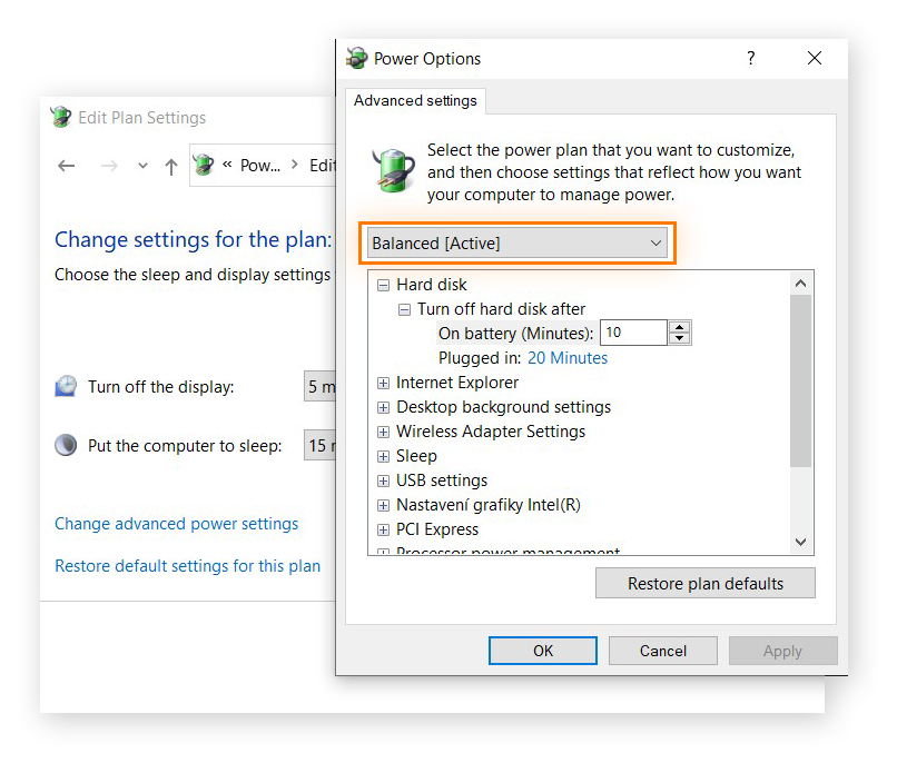Advanced settings in power options window in Windows 10