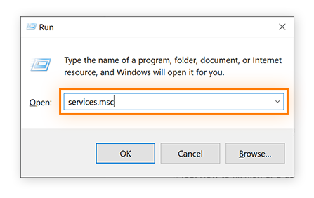 Funktion „Ausführen“ unter Windows 10, in der „services.msc“ eingegeben wurde.