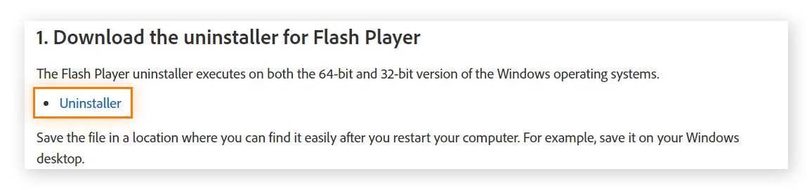Lien vers le programme de désinstallation d’Adobe Flash Player