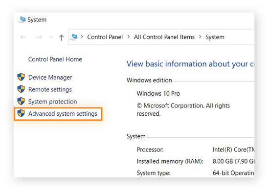 Windows 10 Control Panel with Advanced system settings highlighted