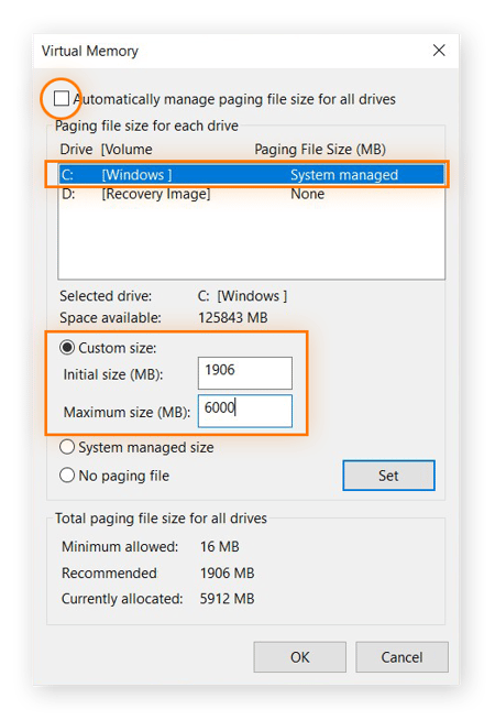 Virtual Memory window with Custom size values added.