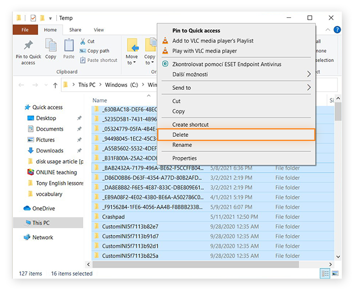 Ordner „Temp“ unter Windows 10, in dem alle Dateien gelöscht werden.