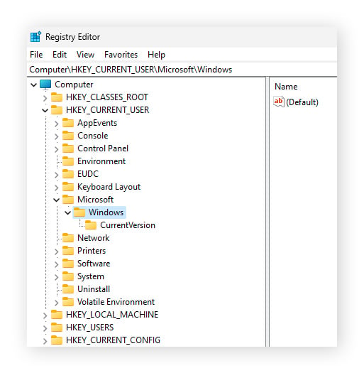 Navigating to HKEY_CURRENT_USER>Microsoft>Windows in Windows's Registry Editor