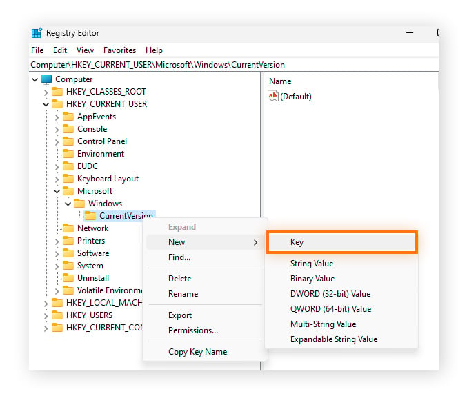 Selecting New>Key for the CurrentVersion folder in Registry Editor