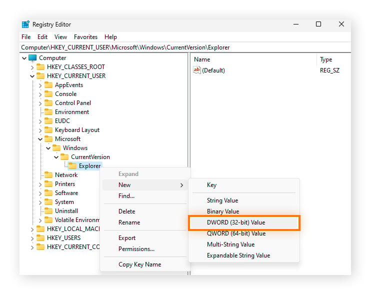 Selecting New>DWORD (32-bit) Value in the Explorer key
