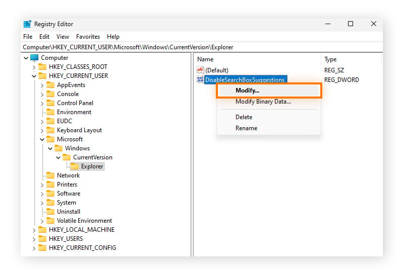 Creating a new registry in Explorer called DisableSearchBoxSuggestions