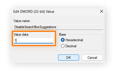 Setting DisableSearchBoxSuggestions value data to 1