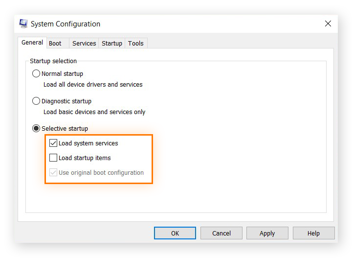 System configuration Menu highlighting Selective startup options