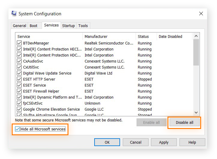  System Configuration window in Windows 10 under Services Tab.