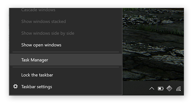 Windows 10, start menu expanded, highlighting Task Manager.