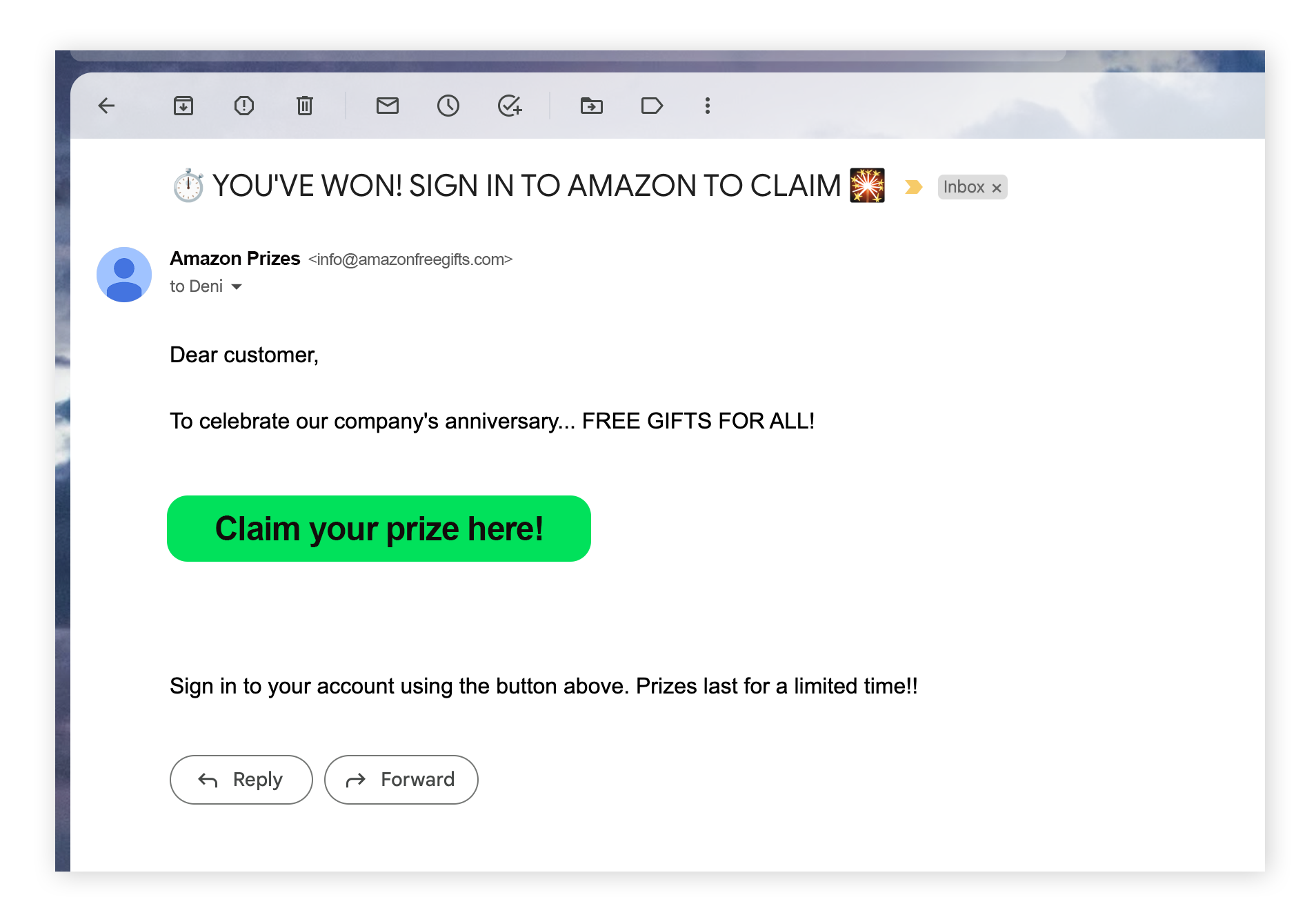 Las estafas de phishing en Amazon suelen prometerle que ha ganado un premio para conseguir que haga clic en un enlace malicioso.