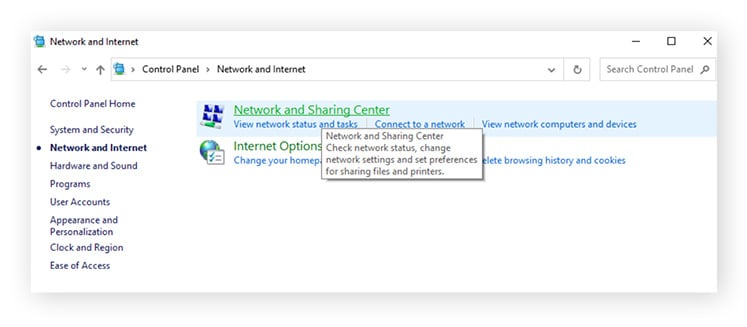 Click Network and Sharing Center