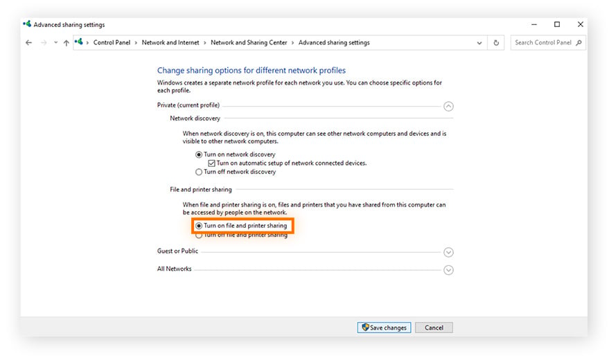 Highlighting the "Turn on file and printer sharing" option in Advanced sharing settings