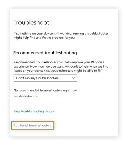 Highlighting "Additional troubleshooters" in Troubleshoot settings