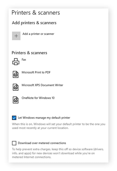 Selecting "Let Windows manage my default printer" in the Printers & Scanners screen