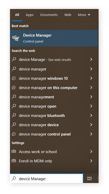 Type device manager in the Windows search bar and open it