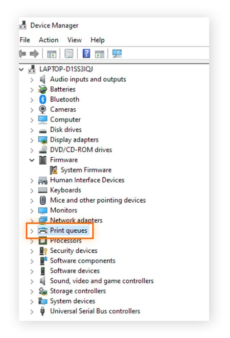 Highlighting "Print queues" in Device Manager