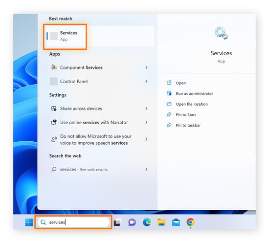Type services in the Windows search bar and open the app