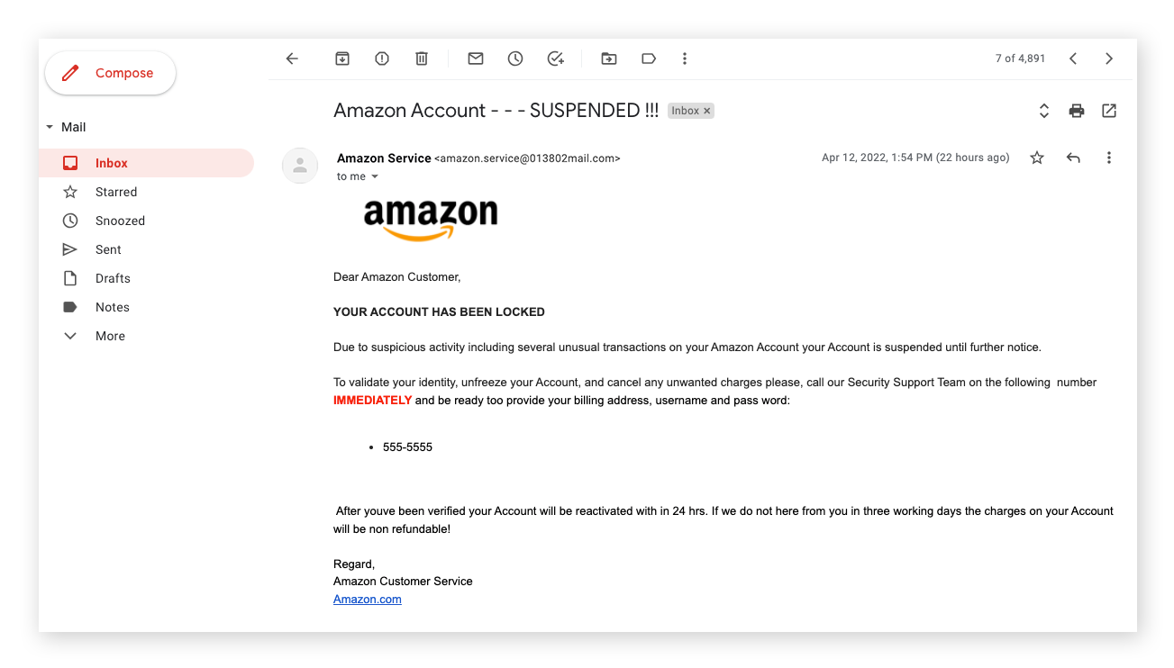 Exemplo de e-mail de phishing da Amazon.
