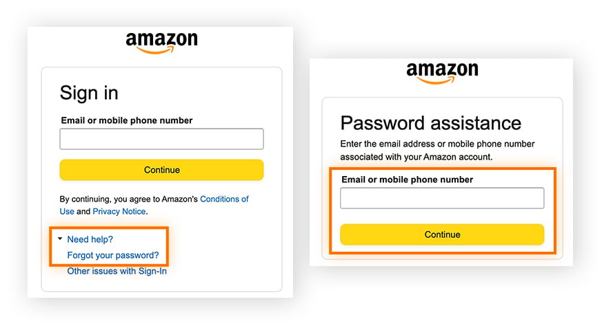 Um Ihr Amazon-Passwort zurückzusetzen, klicken Sie auf der Anmeldeseite erst auf „Benötigst du Hilfe?“ und dann auf „Passwort vergessen?“. Geben Sie Ihre E-Mail-Adresse oder Mobiltelefonnummer ein und klicken Sie auf „Weiter“.