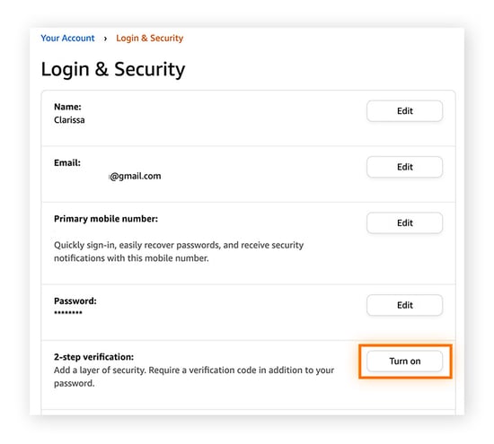To help prevent your Amazon account from being hacked click Turn on next to 2-step verification