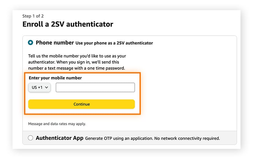 Geben Sie Ihre Mobilnummer ein und klicken Sie auf „Fortfahren“ oder wählen Sie die Verwendung einer Authenticator-App aus.