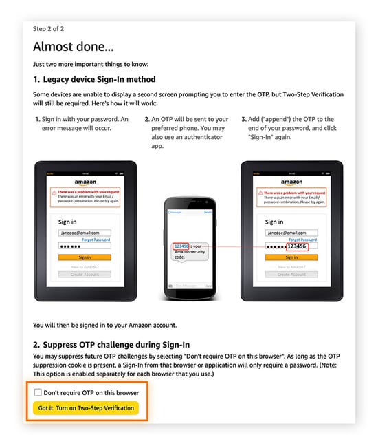 Entscheiden Sie, ob Sie die Abfrage des OTP für den jeweiligen Browser deaktivieren möchten, und klicken Sie dann auf „Fertig. Aktivieren Sie die Zwei-Schritte-Verifikation.“