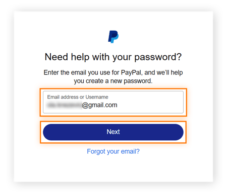 Digite seu endereço de e-mail do PayPal para redefinir sua senha e clique em Avançar.