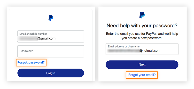 Na página de login do PayPal, clique em “Esqueceu sua senha?”. Em seguida, digite seu endereço de e-mail e toque em “Esqueceu seu e-mail?”.