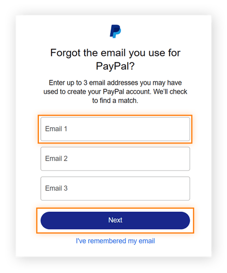 Digite até três endereços de e-mail que você tenha usado com sua conta do PayPal.