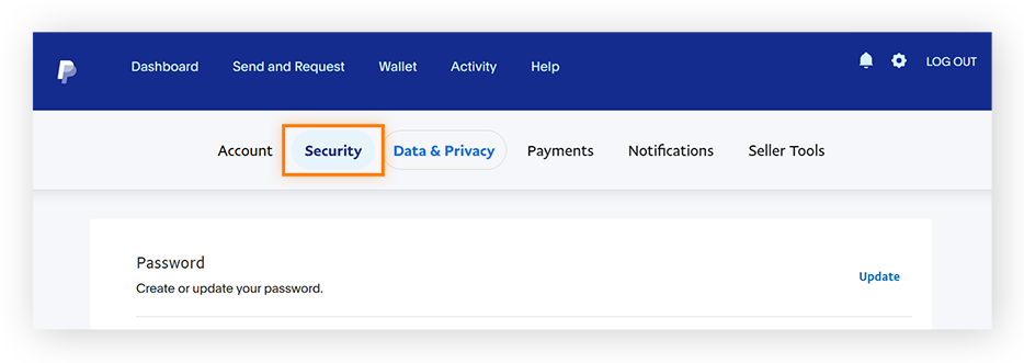 Selecione a guia Segurança para definir novas perguntas de segurança do PayPal.