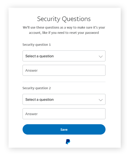 Sélectionner deux questions secrètes PayPal et saisir les réponses