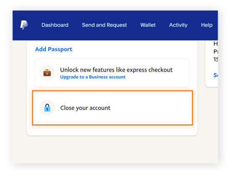 Clique em Fechar conta para fechar permanentemente sua conta do PayPal.