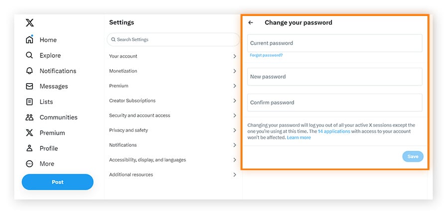 Enter your current password and create a new password on Twitter.