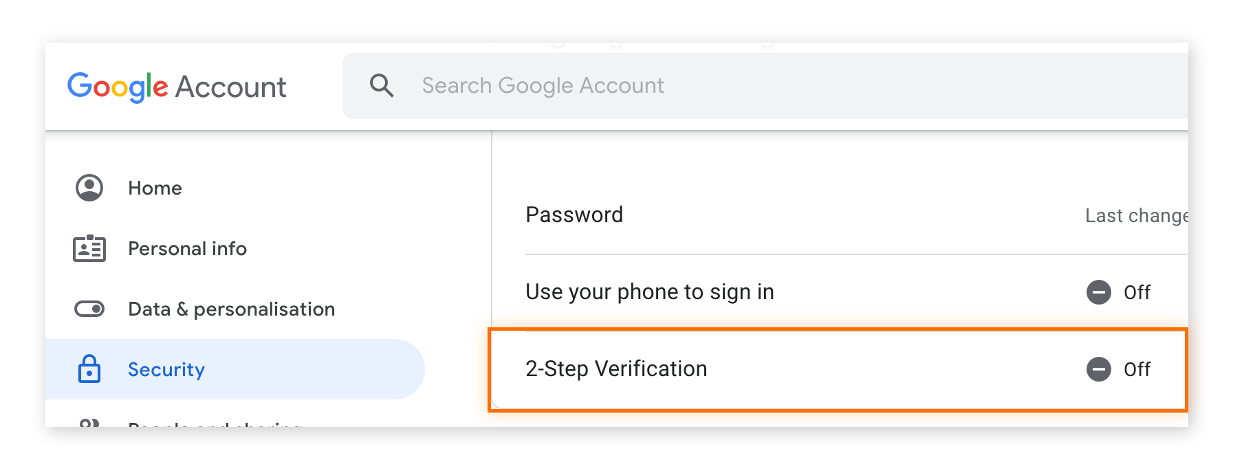 Resaltado de la verificación en dos pasos en la configuración de la cuenta de Google