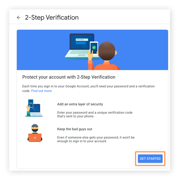Clicking "Get started" on the 2-Step Verification page