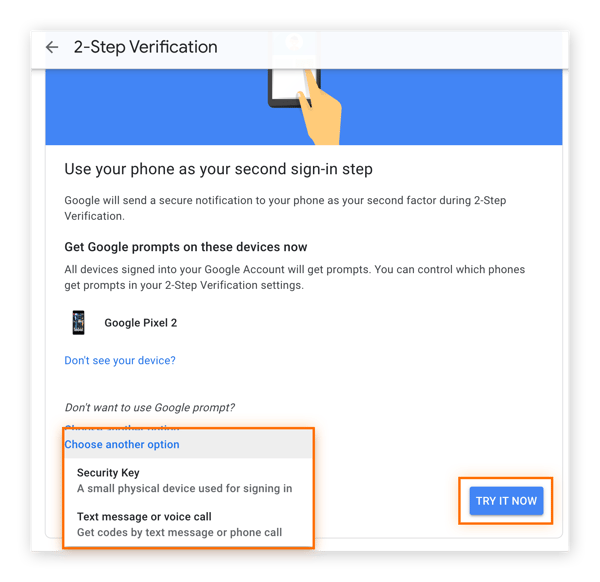 Resaltado de otras opciones de aviso y el botón «Probar ahora» en la página de verificación en dos pasos de Google
