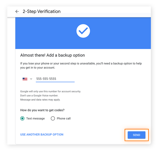 Opción de copia de seguridad de Google para la página de verificación en dos pasos con «Enviar» resaltado